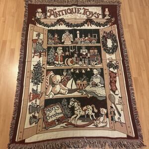 VTG Fieldcrest Antique Toys Christmas Tapestry Throw Blanket Woven Cotton 46x68
